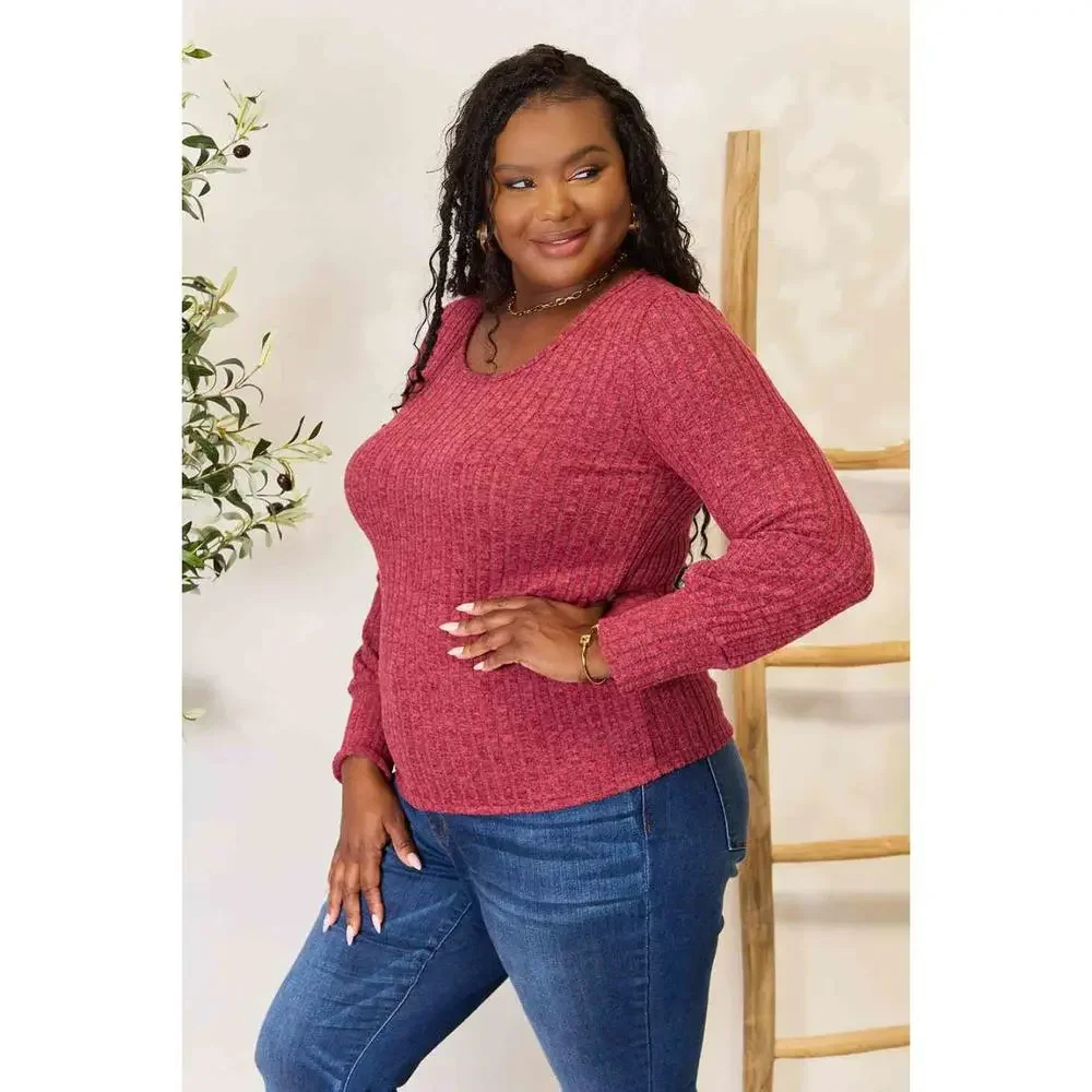 Double Take Ribbed Round Neck Lantern Sleeve Blouse - Picture 7 of 15